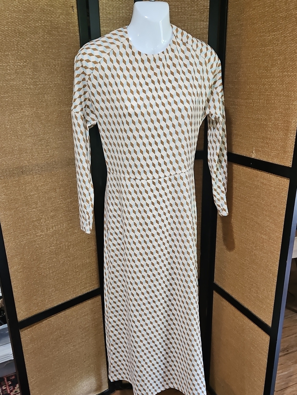 Tuckernuck Cream and Tan Geometric Long Sleeve Maxi Dress